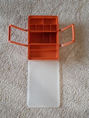 Tupperware Orange Multi-Compartment Makeup Organizer with Clear Lid